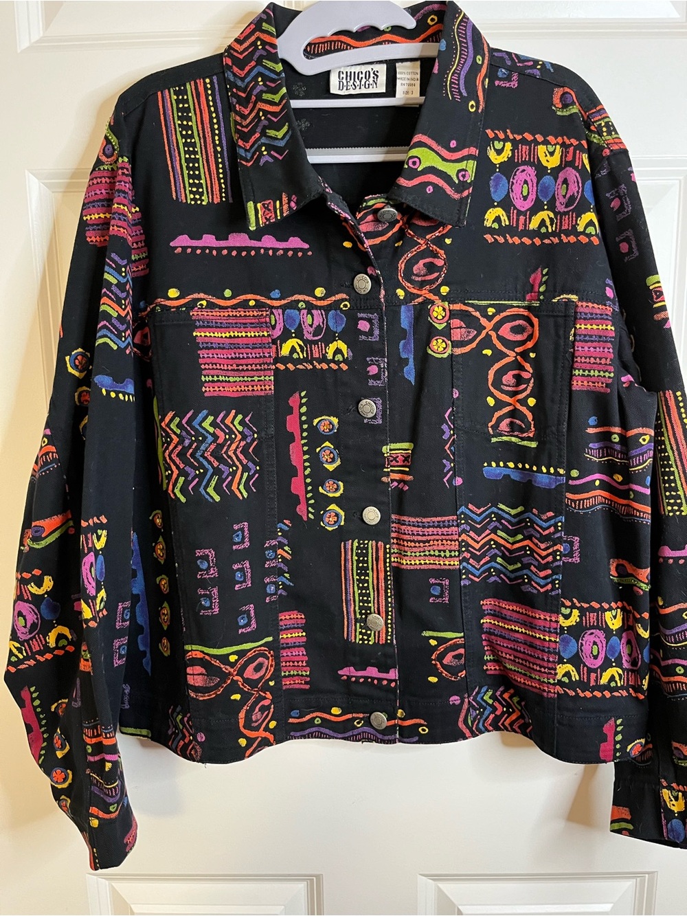 Chico's Design 3 (L) Black Denim jacket with Colorful Abstract Sequined Print